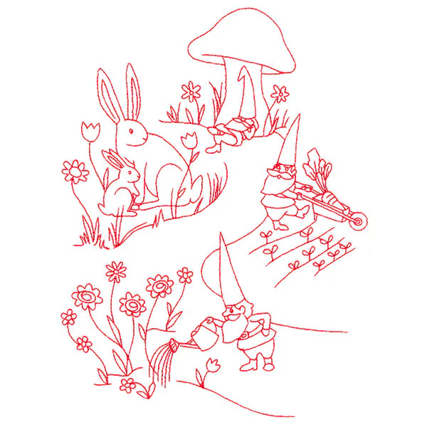 Magical Gnome Scene - In the Garden (Redwork) - Image 2