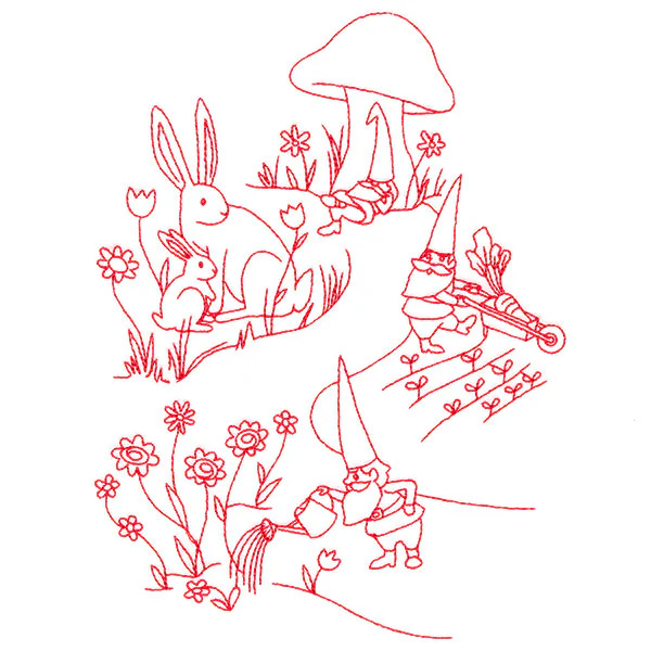 Magical Gnome Scene - In the Garden (Redwork) - Image 3