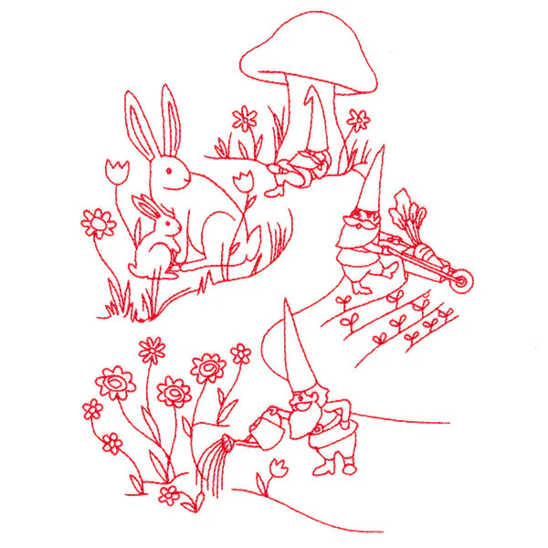 Magical Gnome Scene - In the Garden (Redwork) - Image 4