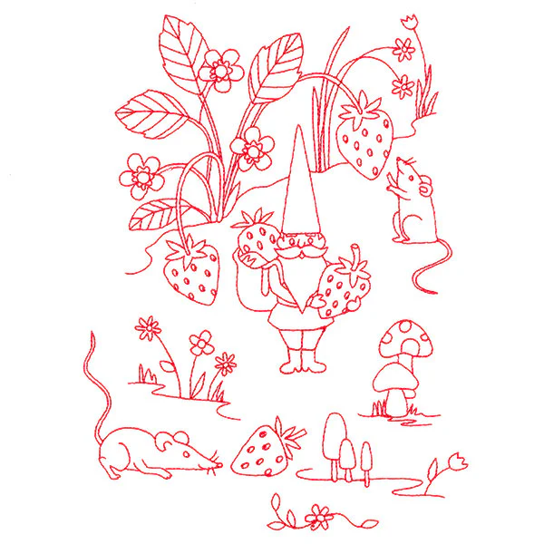 Magical Gnome Scene - Picking Strawberries (Redwork) - Image 2