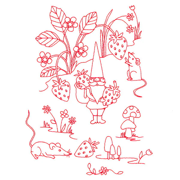 Magical Gnome Scene - Picking Strawberries (Redwork) - Image 3