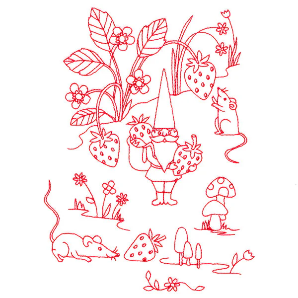 Magical Gnome Scene - Picking Strawberries (Redwork) - Image 4