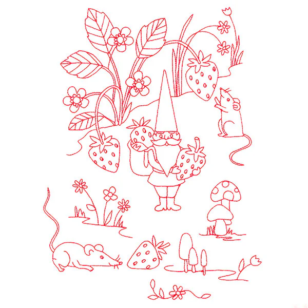 Magical Gnome Scene - Picking Strawberries (Redwork) - Image 5