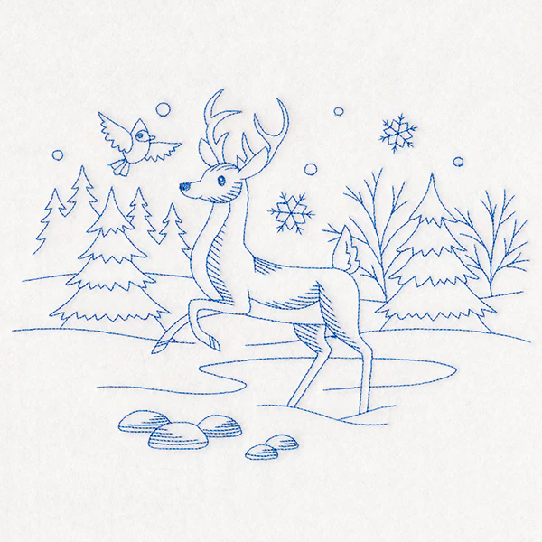 Winter Woodland Scene - Deer & Cardinal (Bluework)