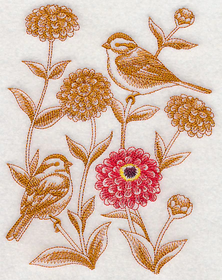 Zinnia and Tree Sparrows (Toile) - Image 2
